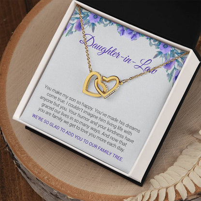 To My Daughter In Law | We're So Glad To Add You To Our Family Tree - Interlocking Hearts necklace